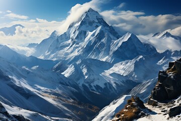 Snowy mountain range with blue sky, clouds, and natural landscape - Powered by Adobe