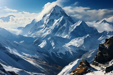 Crédence de cuisine en verre imprimé Himalaya Snowy mountain range with blue sky, clouds, and natural landscape