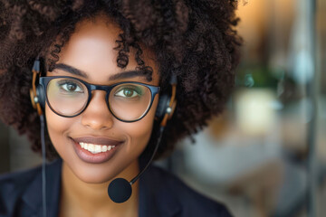 Friendly Customer Service Representative. A close-up portrait of a cheerful customer service representative wearing a headset and glasses, ready to assist with a welcoming smile.