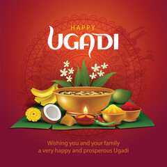 happy Ugadi New Year festival. holiday celebrated by the inhabitants of Karnataka and Andhra Pradesh. abstract vector illustration graphic design.