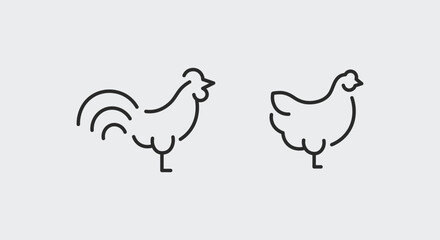 Fototapeta na wymiar 2 black line icons representing a rooster and a hen on a white background for web, mobile, promo materials, SMM. The poultry icons fit in the agriculture and food industry topics. Vector illustration