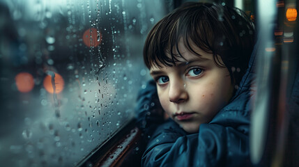 Sad boy looks thoughtfully through the wet window of the train