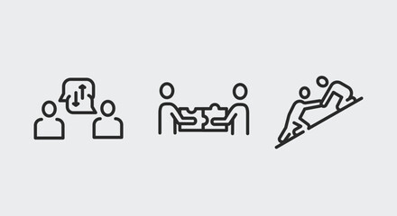 3 black outline icons for web, mobile, and promotional materials. Vector illustration depicting teamwork, collaboration, and partnership.