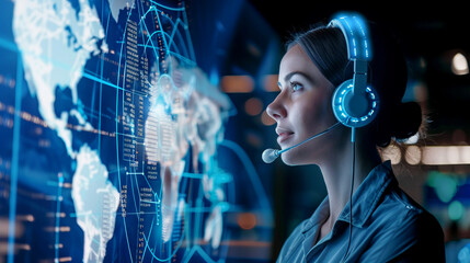 Professional Female Operator with Headset in Front of Global Data Network Concept