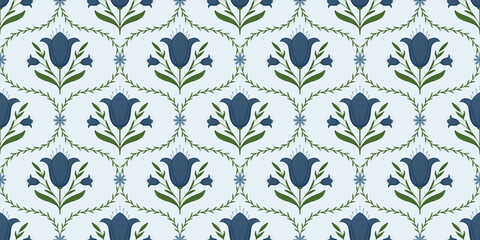 Seamless pattern with flowers and leaves on the blue background