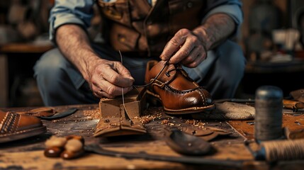 A Cobbler Patching and stitching torn or damaged leather uppers - obrazy, fototapety, plakaty