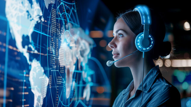 Professional Female Operator with Headset in Front of Global Data Network Concept - Powered by Adobe