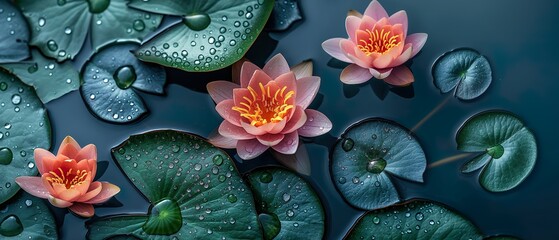 Flowers And Leaves Of Lilies Growing On Water.  Illustration On The Theme Of Ecology And Climate, Plants And Territories. Generative AI	
 - obrazy, fototapety, plakaty