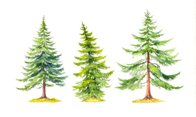 Fototapeta premium Watercolor Set Of Green Trees Isolated On White. Simple flat forest flora, Different coniferous tree