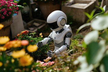 A toy robot is standing amidst vibrant flowers in a garden, adding a touch of whimsy to the colorful scene, A robot peacefully tending to a garden, AI Generated