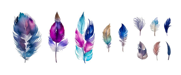 Watercolor vibrant feather set. Boho style wings isolated on white. Bird feathers, design elements
