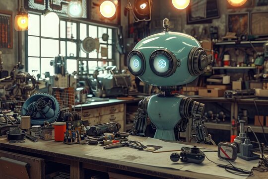 A blue robot is seated on a wooden table, its metallic body contrasting with the earthy tones of the table, A robot undergoing repairs in a mechanic's workshop, AI Generated