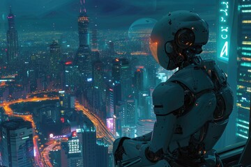 A man stands on a ledge in a futuristic cityscape, surrounded by towering skyscrapers and advanced technology, A robot watching over a sleeping city, AI Generated - obrazy, fototapety, plakaty