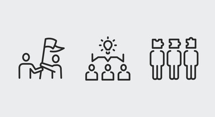 Fototapeta premium 3 black line icons on white background suggest collaboration: people holding a flag, brainstorming, group working. Vector illustration.