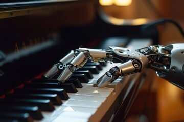 A robotic hand skillfully plays a piano keyboard, creating beautiful music with precise finger...