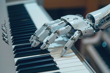 A robotic hand skillfully plays the piano keyboard, exhibiting precise and accurate movements, A...