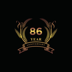 86th golden anniversary logo with ring and ribbon, laurel wreath vector