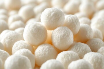 Close up of white soft cotton balls group, detail macro view. Natural, organic raw material product