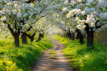 A dirt road winds through a picturesque landscape, lined with towering trees and adorned with white flowers, A romantic pathway under blossoming apple trees, AI Generated - Powered by Adobe