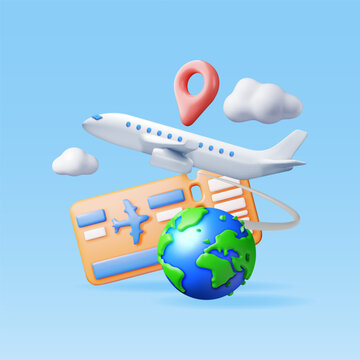 3d Airline Ticket or Boarding Pass, Globe and Airplane. Render Paper Ticket with Plane Icon, Tear Line and Barcode. Travel Element. Holiday or Vacation. Transportation Document. Vector Illustration