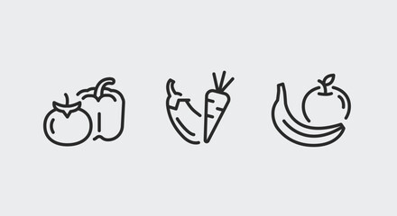 6 black line icons - tomato, pepper, aubergine, carrot, banana, and apple. Can be used for shopping, groceries, diet, or agriculture. Vector illustration for web, mobile, promotions, and SMM.