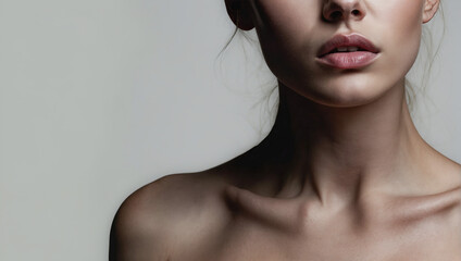 Portrait of a woman with a bare neck and décolleté. - obrazy, fototapety, plakaty