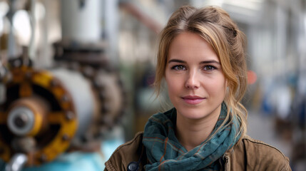 Woman engineer close up portrait in front of machine on background.