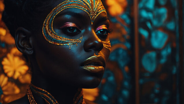 Portrait of a dark-skinned girl with an authentic pattern on her face, body art.
