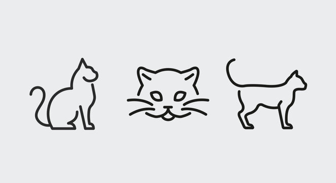 3 black line icons representing a cat for promotional materials, SMM. The minimalistic cat drawings show the cat in different poses. Refer to cat food, pets, animals and fun. Vector Illustration