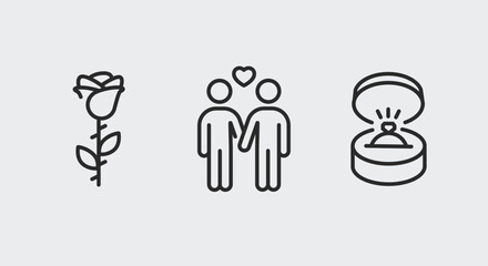 3 black line symbols representing a rose, a couple and an engagement ring for promotional materials, SMM. The outline icons symbolize romantic love, marriage and engagement. Vector Illustration