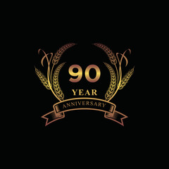 90th golden anniversary logo with ring and ribbon, laurel wreath vector