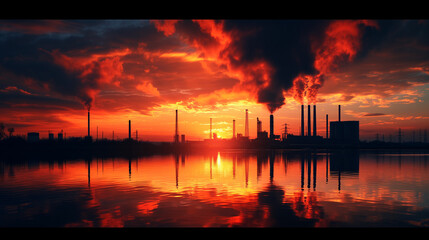 Industrie mit rauchenden Schornsteinen im Abendrot Industrialisierung und Luftverschmutzung