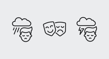 3 black icons representing mental states: smiley and sad face, stormy clouds, and theatre mask. Symbolizes psychological disorders, mental conditions, and emotions. Vector illustration of 