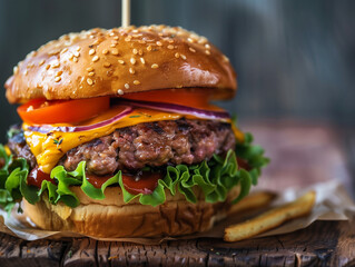 Ein saftiger frischer Burger auf einem Tisch