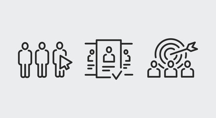 3 black line icons on white background for recruitment and career. Shows choosing new employee among candidates. For promotional materials and SMM. Vector Illustration.