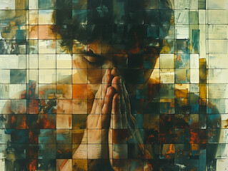Illustration sous forme de digital painting en quadrillage montrant un homme sous le choc, pleurant dans ses mains et cachant son visage - obrazy, fototapety, plakaty