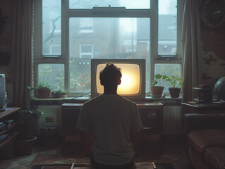 Un homme de dos regarde un écran de télévision dans le noir dans un décors pauvre constitué de vieux immeubles HLM par un temps d'automne, pauvreté et exclusion sociale