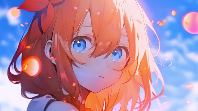 Dreamy Anime girl with vibrant orange hair and blue eyes