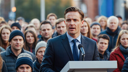 A politician in a suit on the podium at a rally.