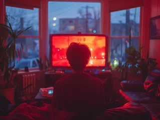 Tuinposter Silhouette d'un homme regardant la télé dans son appartement la nuit, paysage urbain, homme jeune ou étudiant © Leopoldine