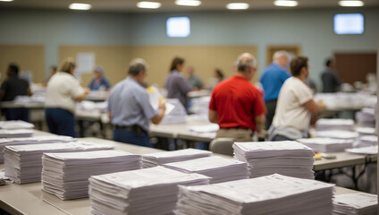 Blurred background, stacks of voting forms, counting votes in elections, falsification. - obrazy, fototapety, plakaty