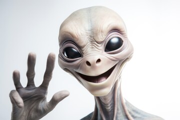 Portrait of a funny alien showing hand geisture and smiling happy