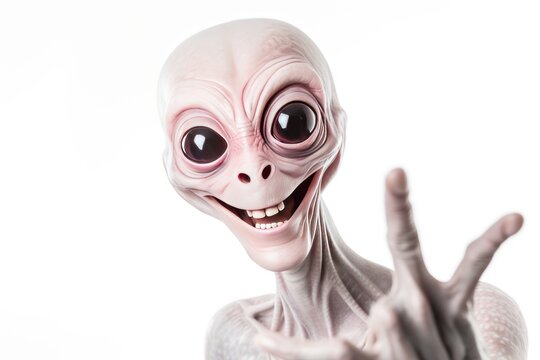 Portrait of a funny alien showing hand geisture and smiling happy