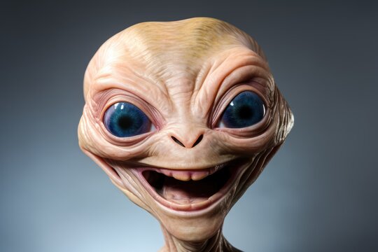 Portrait of a funny alien smiling happy, hyperdetailed, hyperrealistic