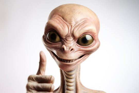 Portrait of a funny alien showing hand geisture and smiling happy