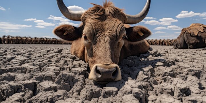 Amidst a parched landscape, cows endure the drought, sparking reflections on environmental stewardship.