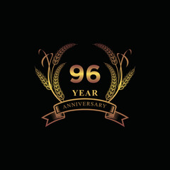 96th golden anniversary logo with ring and ribbon, laurel wreath vector