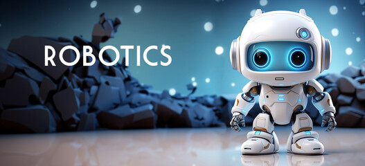 Robotics for kids banner with empty space for advertising. Robot programming, robotics courses, IT technologies of the future. Stylized cute 3d robot character, concept art. Cartoon toy robot print.