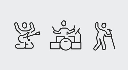 Black line icons of a band on a white background. Ideal for web, mobile, promotions, and social media. Events, rock, and bands. Vector illustration