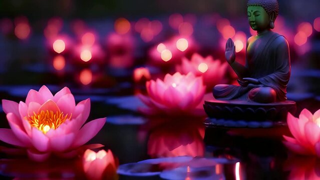Buddha statue in meditation surrounded by glowing lotus flowers on tranquil water